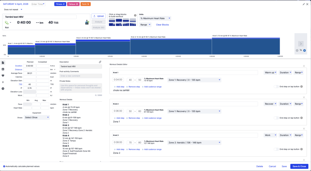 Obrazovka s plánem tréninku pro test HRV, zobrazuje čas, vzdálenost a srdeční frekvenci během běhu. Obsahuje detaily o jednotlivých pracovních blocích, rozepsané zóny srdečního tepu a možnosti úpravy. 